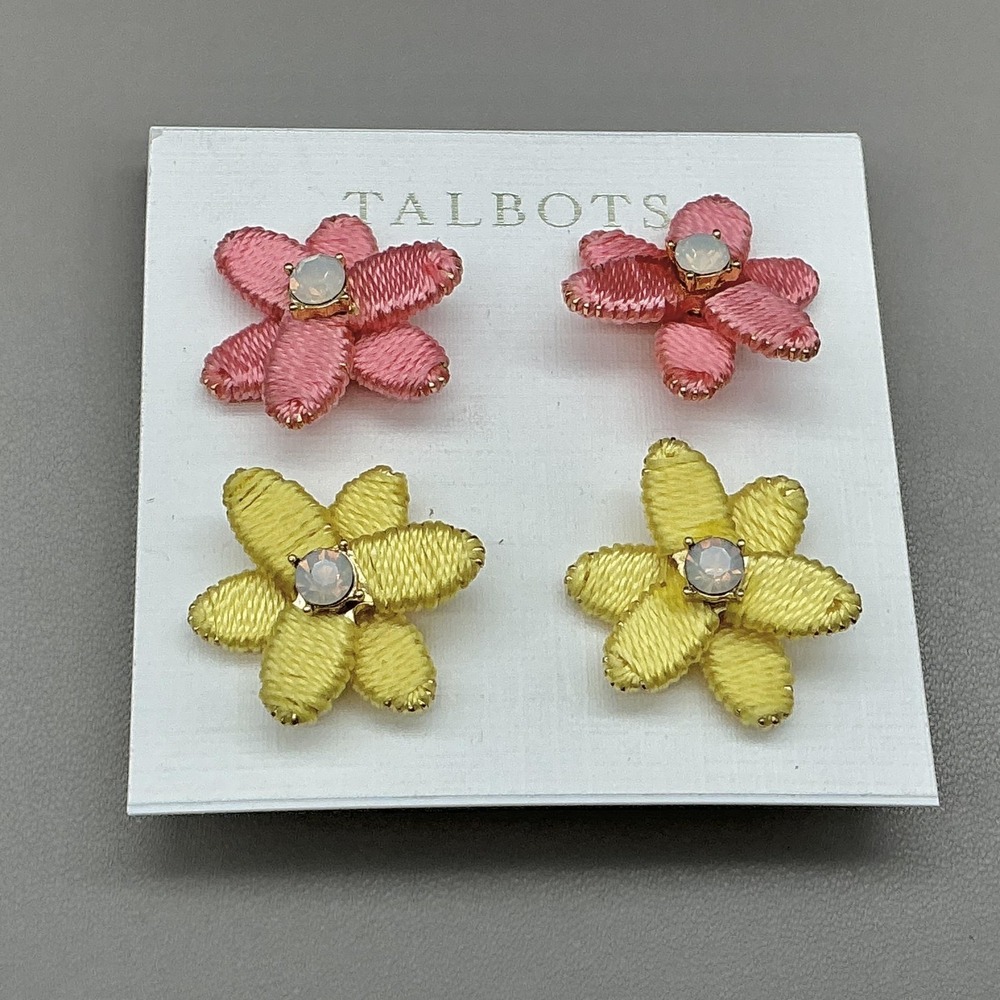 Talbots Earrings Multicolor Flower Stud Womens 2 Pair Fabric Opal Jewelry Set